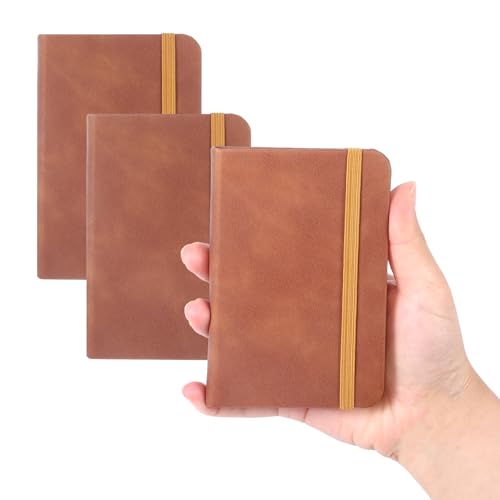 HweeWanX Notizbuch A7 Klein, Mini Notizbuch Leder Braun, 3 Stück Hochwertige Kleine Notizbücher mit Liniertem Papier & Elastischem Verschluss – Perfekt für Büro, Reisen & Schule（Braun） von HweeWanX