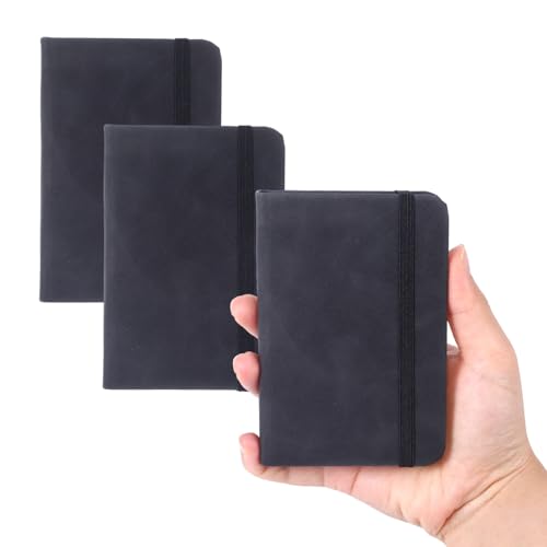 HweeWanX Notizbuch A7 Mini, Kleines Notizbuch Leder Schwarz, 3 Stück Hochwertige Kleine Notizbücher mit Liniertem Papier & Elastischem Verschluss – Perfekt für Büro, Reisen & Schule（Schwarz） von HweeWanX