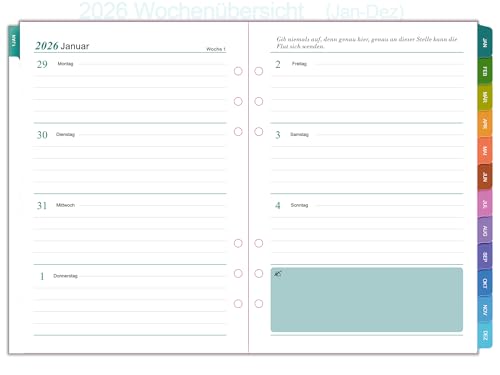 2026 Wochenplaner Einlage A5 6 Löcher, Deutsch, 1 Woche auf 2 Seiten mit Tabs, datiert mit Feiertagen, Extra Notizen & Kontakte, Geschäftsplaner Jan-Dez, 100g/m² Papier, Nachfüllpapier für Kalender 2026 Wochenplaner Einlage A5 6 Löcher, Deutsch, 1 Woche auf 2 Seiten mit Tabs, datiert mit Feiertagen, Extra Notizen & Kontakte, Geschäftsplaner Jan-Dez, 100g/m² Papier, Nachfüllpapier für Kalender von HwxBen