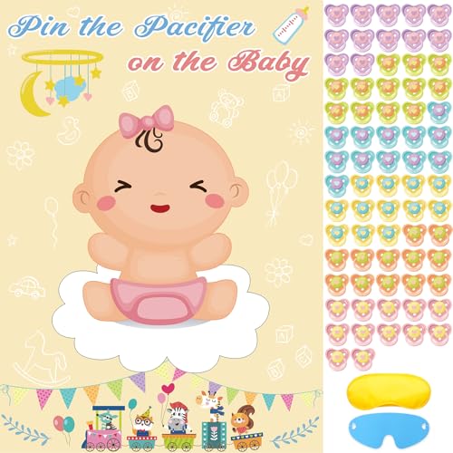 Hxezoc Babyparty-Spiel, Pin The Pacifier On The Baby Game, Großes Mädchen Baby Poster Spiele für Mädchen Kinder Baby Shower Party Geburtstag Party Supplies - 72 Schnulleraufkleber von Hxezoc