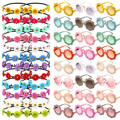 48 Stück groovige Retro-Blumen-Sonnenbrillen-Stirnbänder, Partyzubehör, inklusive 24 mehrfarbigen Blumen-Stirnbändern für Damen, 24 runde Hippie-Sonnenbrillen für Kinder, Hippie-Motto-Partyzubehör von HyDren