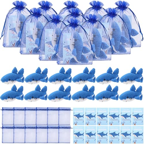 HyDren 12 Sets lustiger Hai, niedlich, gehäkelt, Hai, Tiere, Puppe, weiche Wolle, Stricken, Taschenumarmungsspielzeug mit positiven Karten, Ermutigung, Unterstützung, Geschenke für Geburtstag, Zimmer von HyDren