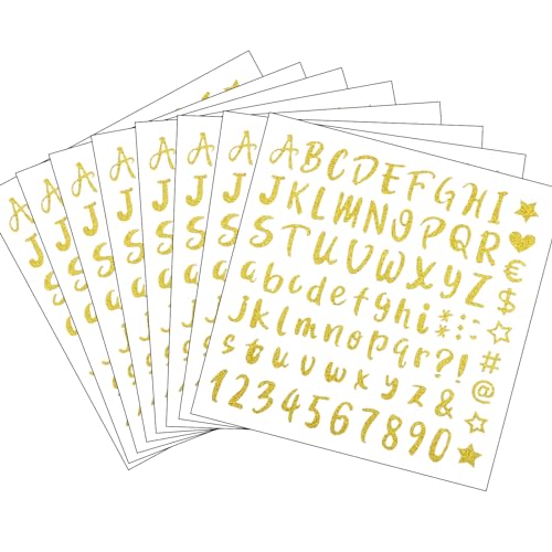 Hyakoz 8 Blätter Glitzer Buchstaben Aufkleber Gold Zahlen Aufkleber Klebebuchstaben Wetterfest Selbstklebende Buchstaben Vinyl Alphabet Sticker für DIY Handgemachte Scrapbooking GrußKarten Schilder von Hyakoz