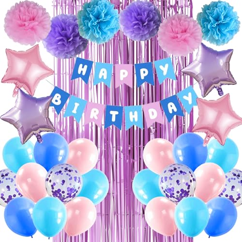 Hyballustw Lila Rosa Blau Geburtstag Dekorationen mit Lila Konfetti Luftballons Happy Birthday Banner Fransen Vorhang Seidenpapier Pompoms Folie Stern Ballon für Gilrs Frauen von Hyballustw