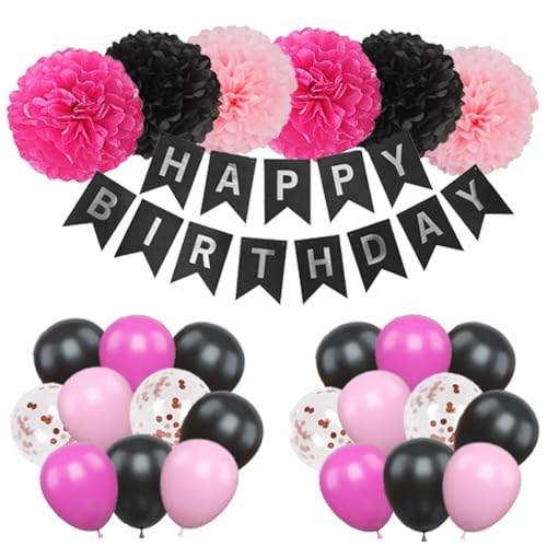 Rosa und schwarze Geburtstagsdekorationen, Hyballustw rosa und schwarze Luftballons mit Happy Birthday-Banner für Mädchengeburtstagsparty-Dekorationen für den 18., 21., 30., 40., 50., 60. Geburtsta von Hyballustw