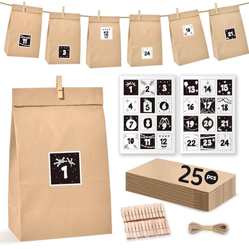 Adventskalender zum Befüllen, 2024 Adventskalender zum Selber Befüllen, DIY Adventskalender Erwachsene, Adventkalender Kinder – Adventskalender mit 25 Papiertüten, 24 Zahlen Aufkleber und 26 Klammern von Hyggartn