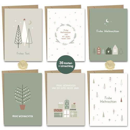 Weihnachtskarten - 36 Hochwertiges Weihnachtskarten mit Umschlag Set – Kleine Weihnachtskarten Klappkarten A6 recycelt Karten weihnachten Grußkarten für Familie Freunde Weihnachtspostkarte Aquarell von Hyggartn