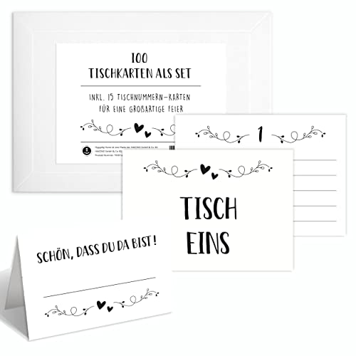 Hyggelig Home 100 Tischkarten Hochzeit Platzkarten Geburtstag - Schön dass du da bist Namensschilder zum selbst beschriften DIN A7 - inklusive 15 Tischnummer Karten - Weiß Hyggelig Home 100 Tischkarten Hochzeit Platzkarten Geburtstag - Schön dass du da bist Namensschilder zum selbst beschriften DIN A7 - inklusive 15 Tischnummer Karten - Weiß von Hyggelig Home