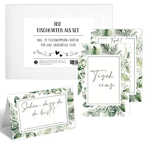 Hyggelig Home 100 Tischkarten Hochzeit Platzkarten Geburtstag - Schön dass du da bist Namensschilder zum selbst beschriften DIN A7 - inklusive 15 Tischnummer Karten - Eukalyptus Hyggelig Home 100 Tischkarten Hochzeit Platzkarten Geburtstag - Schön dass du da bist Namensschilder zum selbst beschriften DIN A7 - inklusive 15 Tischnummer Karten - Eukalyptus von Hyggelig Home