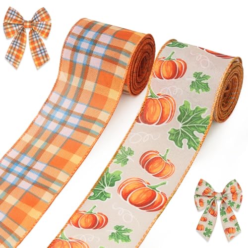 2 Rollen Herbst-Kürbisbänder für Schleifen, Thanksgiving Drahtrand, Orange, Büffel, kariert, Jutebänder für Geschenkverpackungen, Herbst, Erntedankfest, Dekorationen, Zubehör 2 Rollen Herbst-Kürbisbänder für Schleifen, Thanksgiving Drahtrand, Orange, Büffel, kariert, Jutebänder für Geschenkverpackungen, Herbst, Erntedankfest, Dekorationen, Zubehör von Hying