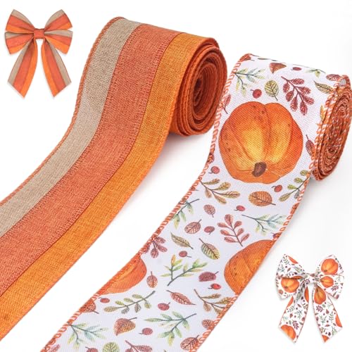 2 Rollen Herbst-Kürbisblätter-Bänder für Schleifen, Thanksgiving mit Drahtrand, Herbst-Orange, Jute-Bastelbänder für Geschenkverpackungen, Herbst, Erntedankfest, Dekorationen 2 Rollen Herbst-Kürbisblätter-Bänder für Schleifen, Thanksgiving mit Drahtrand, Herbst-Orange, Jute-Bastelbänder für Geschenkverpackungen, Herbst, Erntedankfest, Dekorationen von Hying