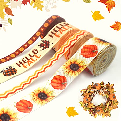 Hying 4 Stück Herbstbänder für Geschenkverpackungen, Thanksgiving Kürbis Ripsbänder Blumen Wellen Geschenkband Orange Satin Bastelbänder für Herbst Thanksgiving Day Dekorationen, 1 cm x 20 Meter von Hying