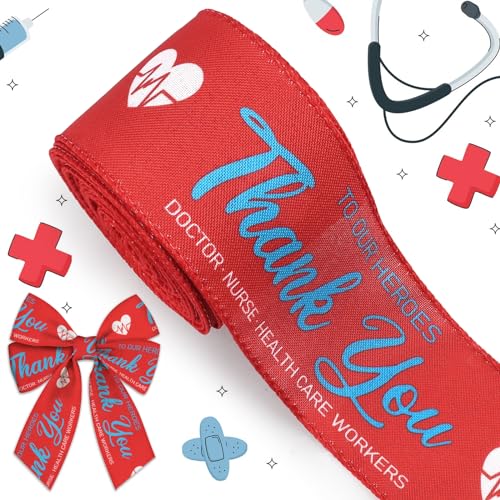 Hying Bänder mit Aufschrift "Thank You Healthcare Heroes" für Kranzschleifen, 6,3 cm × 9,1 m, mit Drahtrand, rotes Juteband, Krankenschwester-Warnung, Bastelbänder für Geschenkverpackungen, von Hying