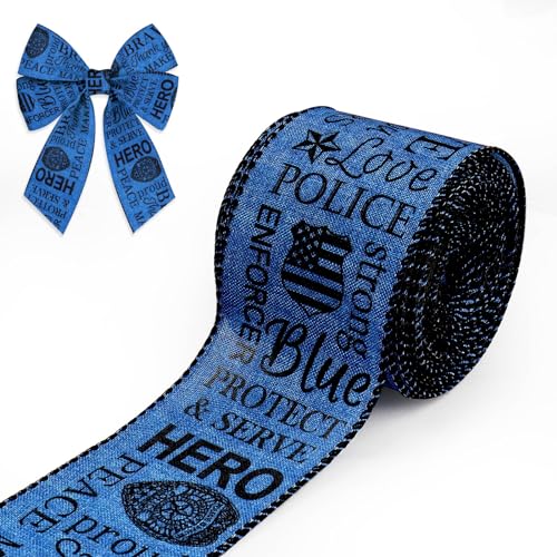 Hying Polizei-Unterstützungsbänder für Kranzschleifen, 6,3 cm × 9,1 m, Strafverfolgung, Drahtrand, marineblaues Juteband, patriotische Bänder zum Basteln, Polizeiunterstützung, Dekorationszubehör von Hying