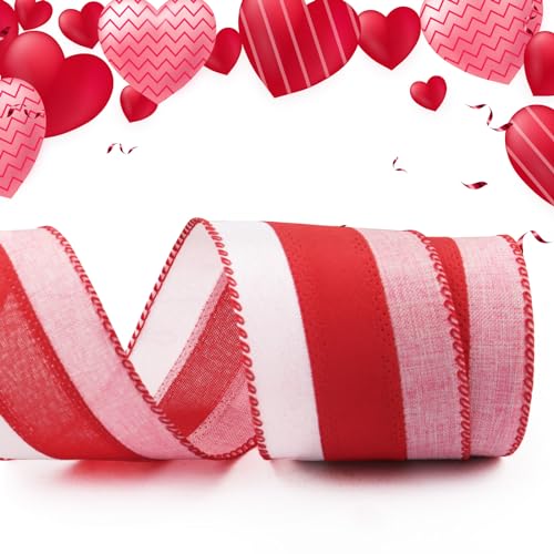 Hying Valentinstags-Bastelbänder für Kranzschleifen, 6,3 cm × 9,1 m, gestreiftes Muster, Drahtrand, Schleifenbänder zum Basteln, Valentinstagsdekorationen, Hochzeits-Partyzubehör von Hying