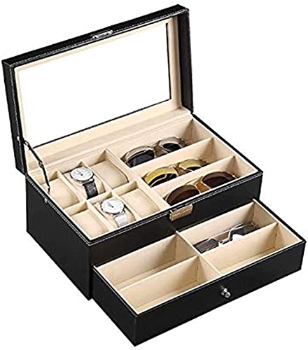 HynJGih Aufbewahrungsbox 6 Uhrenschachtel Schmuckschatulle und 9 Gläser Aufbewahrungsboxen und Sonnenbrillen Gläser Display Doppelschublade Aufbewahrungsbox (Farbe: schwarz) von HynJGih