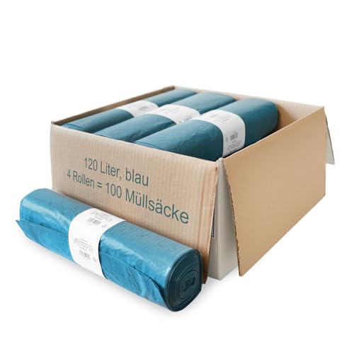 Hypafol LDPE-Regenerat Müllsäcke 120L – Blau, Typ 70, 700x1100 mm – Reißfest, Recyclingmaterial – 4 Rollen à 25 Stück (100 Beutel) von Hypafol
