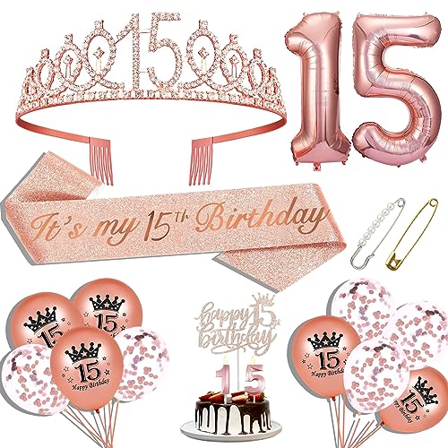 15 Geburtstag Dekorationen für Mädchen, 15 Geburtstag Schärpe, 15 Geburtstag Krone, 15 Geburtstag Cake Topper, Luftballons, Pin und Kerze Set, Roségold 15 Geburtstag Dekorationen für Mädchen, 15 Geburtstag Schärpe, 15 Geburtstag Krone, 15 Geburtstag Cake Topper, Luftballons, Pin und Kerze Set, Roségold von Hysilla