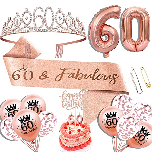 Rose Gold 60th Birthday Set Schärpe, Krone, Cake Topper, Luftballons, Pin & Kerze Set von Hysilla