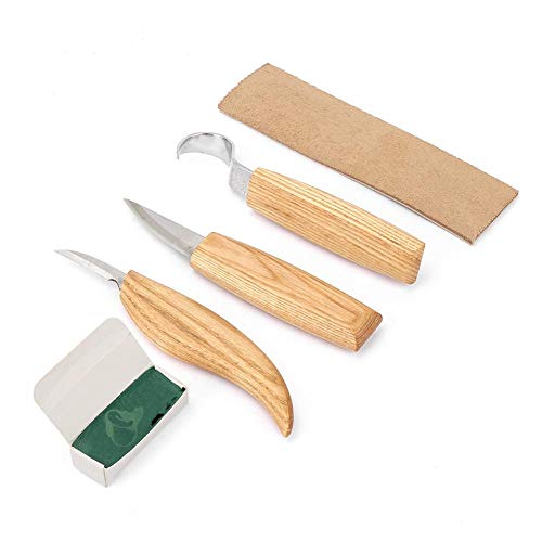 5tlg Holzschnitzerei Werkzeugset für Löffel Hochfester Stahl Schnitzerei 3 Messer in Werkzeuge Rolle Lederstreifen und Schnitzhaken Messer mit Segeltuchtasche Für Anfänger von Hyuduo