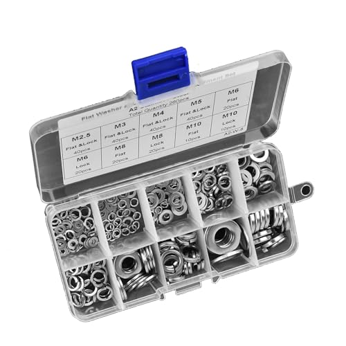 Edelstahl-Industrieverbesserungen Sortiment für Teilebaugruppen und Demontage für das Befestigen von Komponenten, 260pcs M2,5-M10 Flat Waschmaschine Spring Waschmaschine für Bauarbeiter von Hyuduo