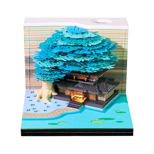 3D Kalender 2026 Abreißen, Schreibtisch Kalender mit LED Lichtern, Tischkalender-Notizblock mit Stifthalter, haftnotizen für kalender, Kreatives Geschenk für Weihnachten Home Deko (Blau-Baumhaus) von Hyunlai