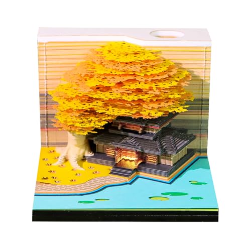 3D Kalender 2026 Abreißen, Schreibtisch Kalender mit LED Lichtern, Tischkalender-Notizblock mit Stifthalter, haftnotizen für kalender, Kreatives Geschenk für Weihnachten Home Deko (Gelb-Baumhaus) von Hyunlai