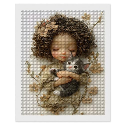 Diamond Painting Mädchen Katze, 5D Diamant Painting Bilder, DIY Diamanten Malerei Erwachsene und Kinder, Gem Art Mosaikherstellung Bastelset für Weihnachts Haus Wand Dekoration Geschenke 50x70 cm e589 von Hyupuanj