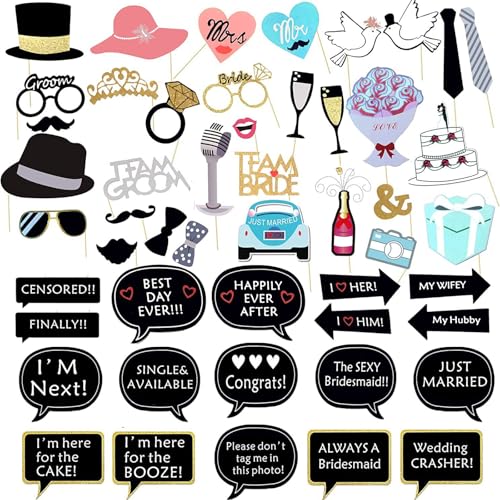 Hyxodjy 52 Stück Foto Requisiten, Fotobox Accessoires Hochzeit, Party, Brautparty & mehr - Papierrequisiten in Schwarz mit 52 verschiedenen Stilen von Hyxodjy