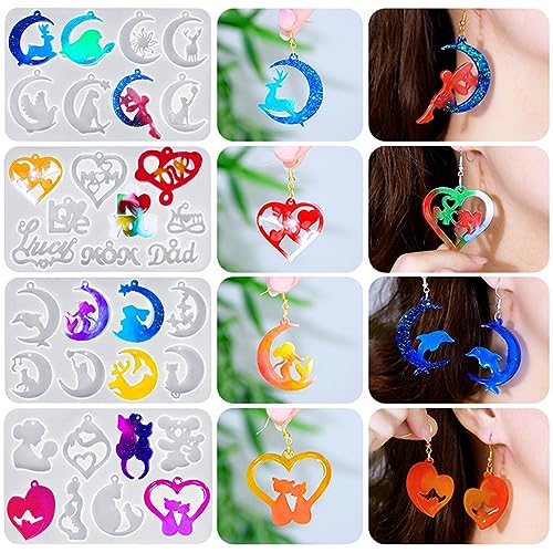 HyzaPhix 4pcs Ohrringe Resin Gießharz Silikonform Schmuck Gießform Silikon Schmuckform Halskette Harz Formen mit Loch für DIY Mond, Mutter, Liebe, Katze, Muttertag, Weihnachts Geschenke (4pcs) von HyzaPhix