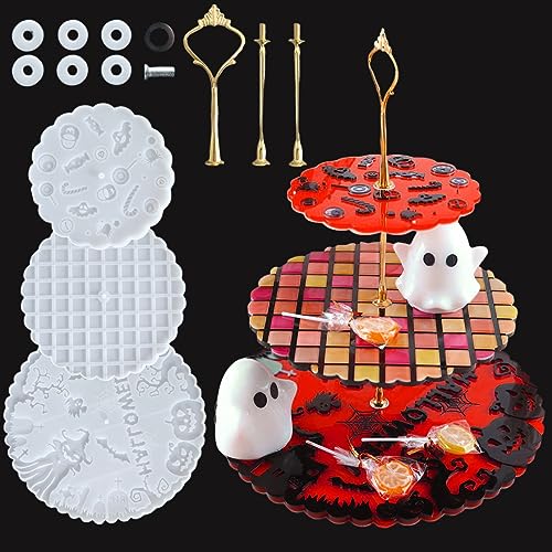 HyzaPhix Resin Silikonform Tablett Rund, Etagere Gießform Halloween Gießharz Formen Silikon Tortenständer 3 Etagen Formen Silicone Mold für Handwerk Cupcake Dessert Kuchenständer Tischdeko von HyzaPhix