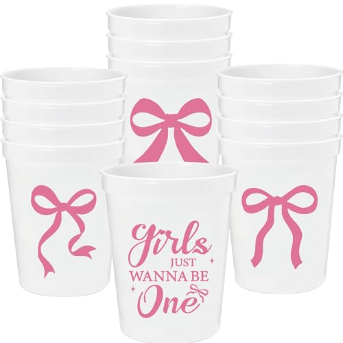 Hzbcxs Girls Just Wanna Be One Becher – 473 ml Mädchen 1. Geburtstag Schleife Thema Party Dekorationen – One Happy Girl Geburtstagsdekoration, Rosa, 12 Stück von Hzbcxs