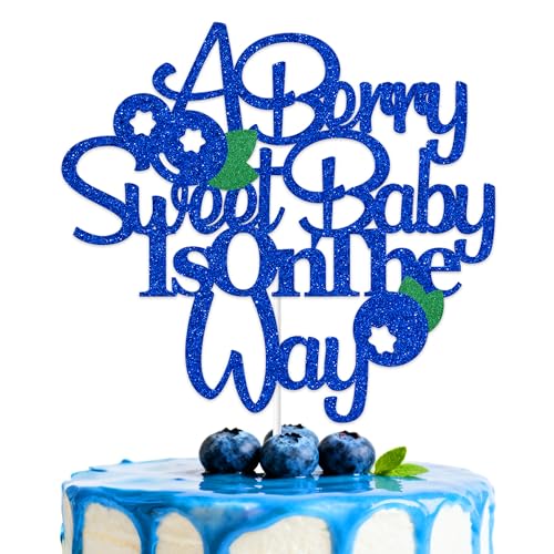 Hzbcxs Tortenaufsatz mit Aufschrift "A Berry Sweet Baby is on the Way", Blaubeere, Babyparty-Dekoration, Blau und Grün von Hzbcxs