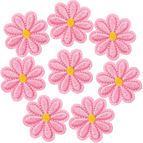 Hzopcw 8 x Blumen-Aufnäher zum Aufbügeln, niedliche Gänseblümchen, bestickte Aufnäher für Hüte, Blumen-Aufnäher für Kleidung, Jacken, Jeans, Hoodies, Hemden, Packungen, Taschen, Rosa von Hzopcw