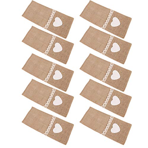 Hztyyier 10Pcs Jute Bestecktaschen Natürliche Vintage Sackleinen Spitze Beutel Utensilien Halter rustikale Dekorationen für Hochzeitsfeier(Herzförmig) von Hztyyier