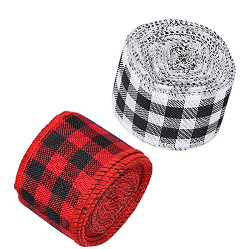Hztyyier Plaid Satin Ribbon Set für Weihnachtsgeschenkverpackungen und Hochzeitsdekoration 6meter/Roll 5 Cm Breite für DIY -Kunsthandwerk, Dekorationen und Nähen - Schwarz und Weiß/Schwarz und Rotes von Hztyyier