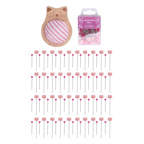 Nadelkissen-Nähset mit Stecknadeln mit Katzen-Juwelenkopf, Holzsockel, Rosa Streifenmuster, Nadelhalter Zum Quilten, Basteln, Patchwork-Dekor von Hztyyier