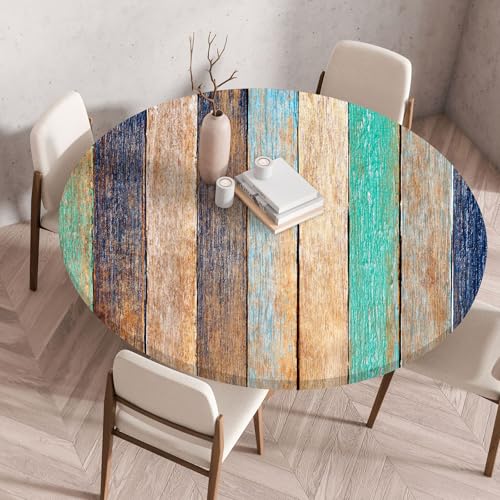 I Base 3D Elastische Runde Tischdecke Holzdruck-Anti-Tear Wischbare rutschfeste Rund Tischdecken Abwaschbar Abwischbar Tischtuch FüR Dekoration Kaffee Garten Party (Farbiges Holz,90cm) von I Base