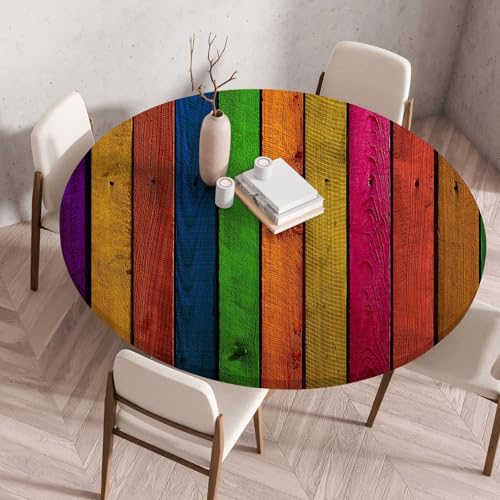 I Base 3D Elastische Runde Tischdecke Holzdruck-Anti-Tear Wischbare rutschfeste Rund Tischdecken Abwaschbar Abwischbar Tischtuch FüR Dekoration Kaffee Garten Party (Farbiges Holz 2,110cm) von I Base