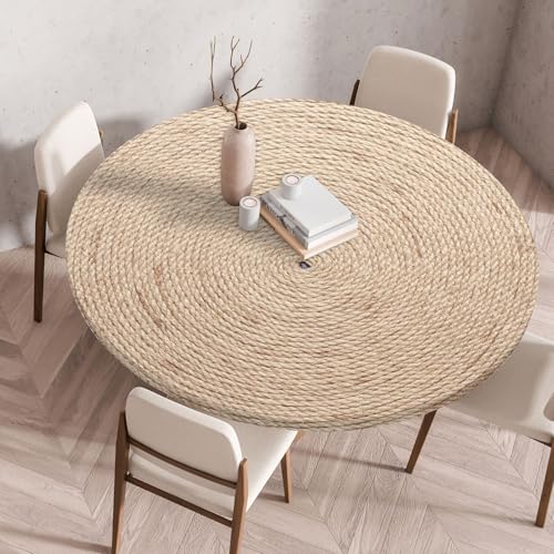 I Base 3D Elastische Runde Tischdecke Holzdruck-Anti-Tear Wischbare rutschfeste Rund Tischdecken Abwaschbar Abwischbar Tischtuch FüR Dekoration Kaffee Garten Party (Seilstricken,90cm) von I Base
