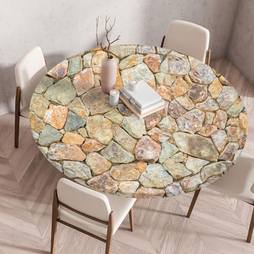 I Base 3D Elastische Runde Tischdecke Holzdruck-Anti-Tear Wischbare rutschfeste Rund Tischdecken Abwaschbar Abwischbar Tischtuch FüR Dekoration Kaffee Garten Party (Steinsekte,80cm) von I Base