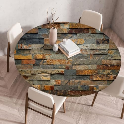 I Base 3D Elastische Runde Tischdecke Holzdruck-Anti-Tear Wischbare rutschfeste Rund Tischdecken Abwaschbar Abwischbar Tischtuch FüR Dekoration Kaffee Garten Party (Steinziegel,160cm) von I Base
