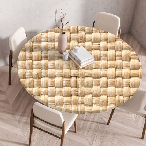 I Base 3D Elastische Runde Tischdecke Holzdruck-Anti-Tear Wischbare rutschfeste Rund Tischdecken Abwaschbar Abwischbar Tischtuch FüR Dekoration Kaffee Garten Party (Strohwebel 3,90cm) von I Base