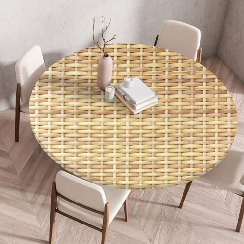 I Base 3D Elastische Runde Tischdecke Holzdruck-Anti-Tear Wischbare rutschfeste Rund Tischdecken Abwaschbar Abwischbar Tischtuch FüR Dekoration Kaffee Garten Party (Strohweben,100cm) von I Base