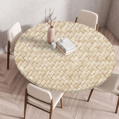 I Base 3D Elastische Runde Tischdecke Holzdruck-Anti-Tear Wischbare rutschfeste Rund Tischdecken Abwaschbar Abwischbar Tischtuch FüR Dekoration Kaffee Garten Party (Strohweben 2,100cm) von I Base
