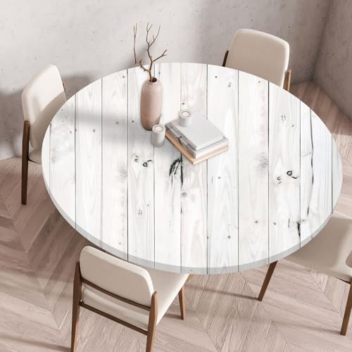 I Base 3D Elastische Runde Tischdecke Holzdruck-Anti-Tear Wischbare rutschfeste Rund Tischdecken Abwaschbar Abwischbar Tischtuch FüR Dekoration Kaffee Garten Party (Weiß,140cm) von I Base