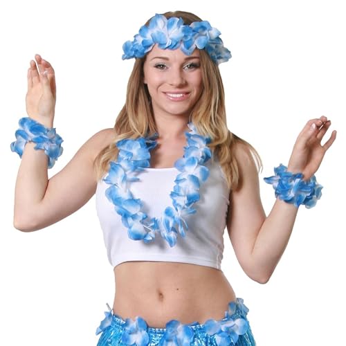 4-teiliges Hawaii-Lei-Set in 8 Farben Kostümzubehör Blumengirlande 1 x Blume 45,7 cm Halskette + 1 x Blumen-Stirnband + 2 x Hosenträger (Blau - 1 Stück) von I LOVE FANCY DRESS