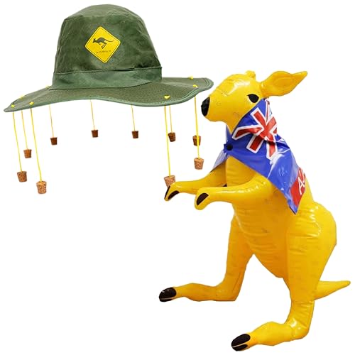 Australisches Känguru, Korkhut & aufblasbares Känguru – aufblasbares Känguru mit Umhang der australischen Flagge, grüner Hut mit Känguru-Print und Korken um die Krempe – perfekt für australische Tage Australisches Känguru, Korkhut & aufblasbares Känguru – aufblasbares Känguru mit Umhang der australischen Flagge, grüner Hut mit Känguru-Print und Korken um die Krempe – perfekt für australische Tage von I LOVE FANCY DRESS