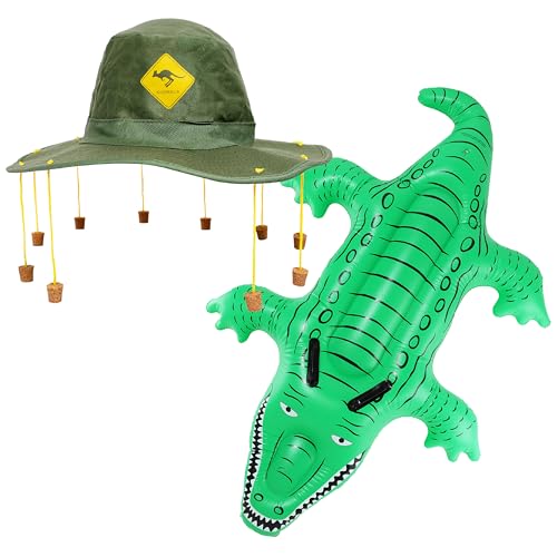 Känguru-Korkhut & aufblasbares Krokodil – Grüner aufblasbarer Krokodil und grüner Korkhut mit gelbem Känguru-Print und "Australien" auf der Vorderseite – perfekt für australische Tage und Känguru-Korkhut & aufblasbares Krokodil – Grüner aufblasbarer Krokodil und grüner Korkhut mit gelbem Känguru-Print und "Australien" auf der Vorderseite – perfekt für australische Tage und von I LOVE FANCY DRESS