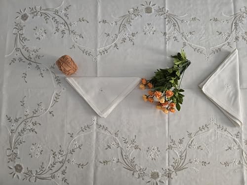 Handbestickte Tischdecke aus Leinen-Mischgewebe, 12 Plätze, Stickerei von I MAESTRI DEL RICAMO